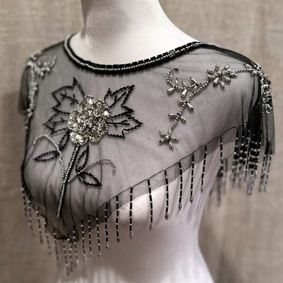 Black & Silver Beaded Sequin Mesh Pullover Capelet Collar Shawl - Picture 2 of 15